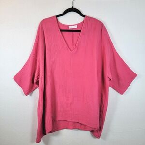Bryn Walker Womens Cotton Gauze Beach V-Neck Oversized Tunic Top Size Small Pink